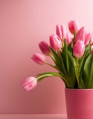 Fototapeta premium Bouquet of pink tulips in pink vase on pink background, celebrating spring and femininity