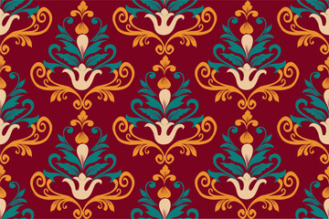 Bold damask border in rich red and teal with floral elements and ornate flourishes. Perfect for statement designs, packaging, and home decor. High-resolution vector artwork.