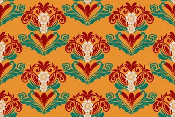Vibrant orange and red damask pattern with folk-inspired floral details. Ideal for festive designs, textiles, and event graphics. Seamless high-quality vector illustration.