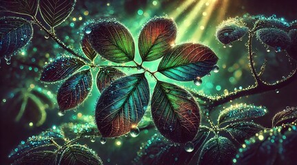 Radiant emerald leaves shimmering under the warm golden sunlight in a thriving forest, bathed in the soft glow of the late afternoon