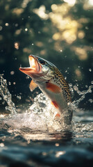 Brown trout jumping from water, mouth agape, splashing golden droplets in bright sunlight