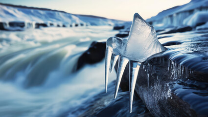 serene winter scene captures icicles hanging from rock by flowing river, with snowy landscape in background. icy formations glisten in soft light, creating tranquil atmosphere