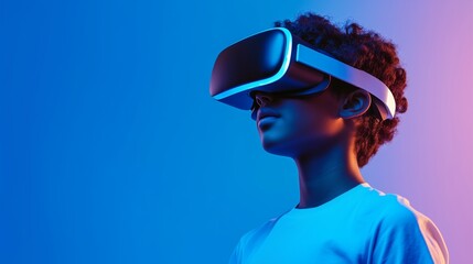 Young boy using virtual reality headset, futuristic technology
