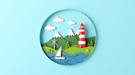Obraz premium A peaceful coastal scene in paper-cut style, featuring a red and white lighthouse, sailboat, rolling green hills, a wind turbine, and snow-capped mountains.