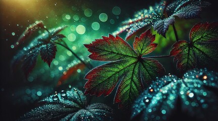 Radiant emerald leaves shimmering under the warm golden sunlight in a thriving forest, bathed in the soft glow of the late afternoon