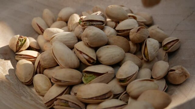 Pistachios fall into a wooden plate. Pistachio as a nutritious superfood. Healthy snack. A source of nutrients in a healthy diet.