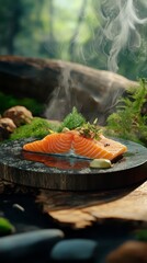Steaming Salmon Fillet on Dark Stone Plate in Forest Setting