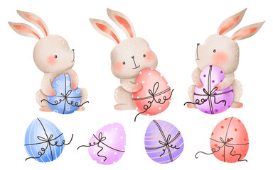 Bunnies and eggs. Easter spring holidays hand drawn illustration on isolated background. Happy easter