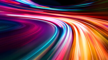 Abstract motion blur effect of light trails, creating a sense of speed and fluidity in a rainbow color palette