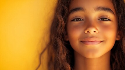 Fototapeta premium Pensive Smile of a Biracial Teen with Graceful Lips on Yellow Background