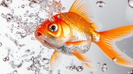 Fototapeta premium A vibrant goldfish swimming gracefully amidst bubbles in clear water.