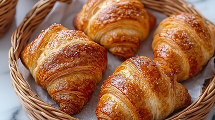 Fototapeta premium Freshly baked croissants baked to golden perfection in a woven basket.