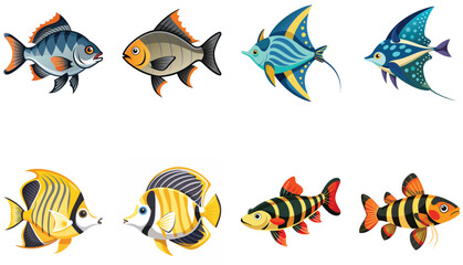 Fototapeta premium A vibrant collection of cartoon fish, featuring diverse shapes, colors, and fin patterns.
