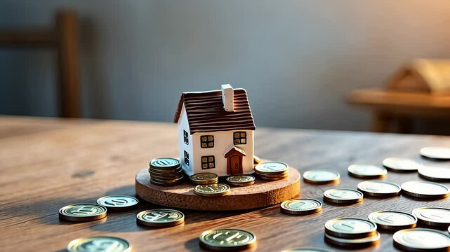 Small Model House Placed on a Wooden Table with Scattered Gold Coins, Financial Concept for Real Estate Investment

