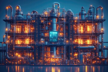 Obraz premium Futuristic Industrial Complex at Night, Illuminated Pipes and Tanks, Control Panel