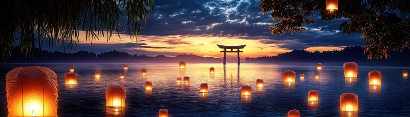 Serene twilight scene with floating lanterns and a traditional gate by the water's edge.