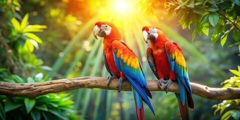 Vibrant Scarlet Macaws Perched on a Branch in Lush Tropical Foliage, Bathed in Golden Sunlight