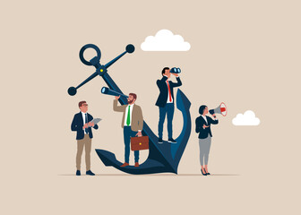 Office people holding spyglass, megaphone and binoculars. Leadership qualities in the creative team, direction on the successful path, team work on the start up. Flat vector illustration