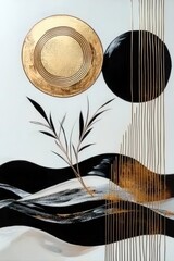 minimalist collage - black leaf silhouette, moon, and textured geometric panels in contrast