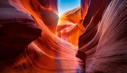 The inside view of the lower antelope slot canyon; beautiful slot canyon with sandstone walls created by wind and water flowing thru the canyon; colorful and curvy rock formation in the red sandstone