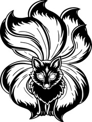 Obraz premium SVG vector features Japanese spirits and Yokai. Intricate Black and White Fox Illustration with Flowing Fur