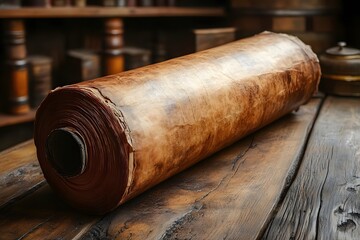 Antique Scroll on Rustic Table in Vintage Library Setting for Historical Theme