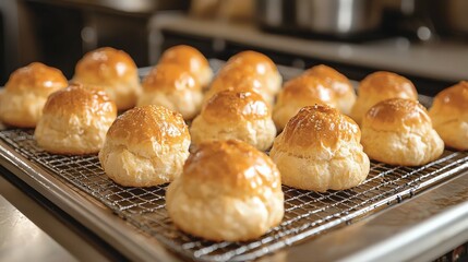 Freshly baked golden bread rolls cooling on a wire rack in the kitchen.
