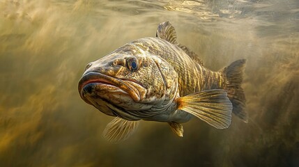 Obraz premium A barramundi fish calmly gliding through the murky river water.