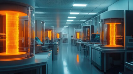 Futuristic Laboratory with Glowing Orange Cylinders, Advanced Technology, and Clean Modern Design