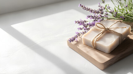 Handmade lavender soap bar wrapped with twine and decorated with dried lavender sprigs on a rustic wooden board