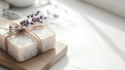 Handmade lavender soap bar wrapped with twine and decorated with dried lavender sprigs on a rustic wooden board