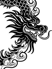 SVG vector features Japanese symbols and cultural elements. Elegant Dragon Design with Swirling Cloud Elements