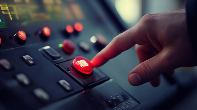 Hand pushing button on switch, a door access control system. Fire alarm bell, emergency stop button. Start, reset, stop button. E-Stop, kill switch button. Raised floor elevator control panel switch. 