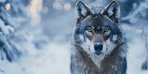 Obraz premium A majestic wolf standing in a snowy forest, capturing the wild beauty and intensity of the animal in a winter landscape.