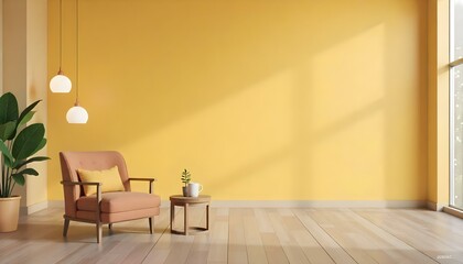 The style is a 3D model with an octane render, and it is volumetric and highly detailed for video game design. Orange armchair with a yellow cushion, a wooden table with a plant and a cup on top, 
