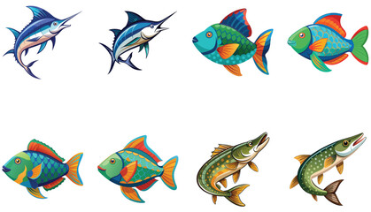 A mix of stylized marlin/swordfish and colorful, patterned fish vector illustrations, including some pike-like designs.