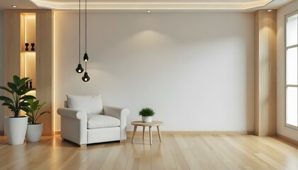Interior of a living room with a white armchair, a small table with a plant, and three hanging lamps against a white wall with wooden floor