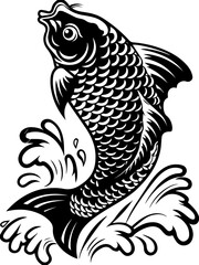 Obraz premium SVG vector features traditional Japanese waves and dragons. Black and White Fish Leaping from Water Splash Illustration