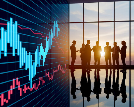 Silhouetted businesspeople confer near a large screen displaying a financial chart, showcasing a business meeting, strategy, and market analysis concept