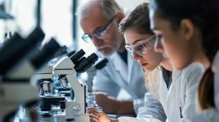 Young Scientists Engaged in Research with Microscopes in Lab