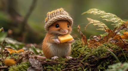 Obraz premium Cute small animal wearing cozy hat holding snack in nature