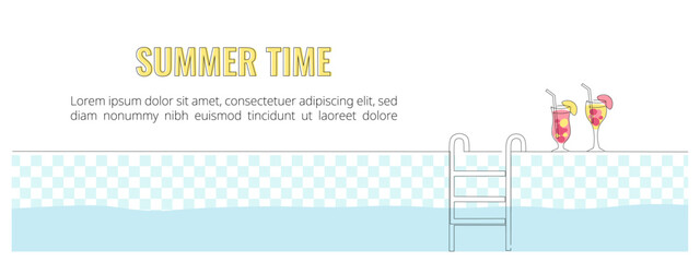One continuous line drawing of a swimming pool and cocktails. Summer Time, a pool party concept banner. Editable stroke, simple doodle design, vector illustration