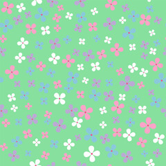 Small flowers isolated on a green background. Seamless pattern, flat style. Floral background for paper, cover, textile, gift wrap, wallpaper. 