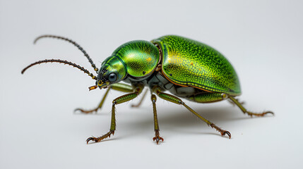 Isolated green June Beetle bug with intricate details against a plain backdrop