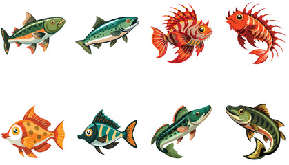 A diverse collection of stylized fish illustrations, ranging from classic shapes to more exotic, spiky designs.