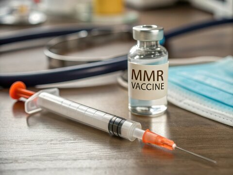 MMR vaccine with syringe and face mask