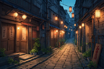 Obraz premium Anime style narrow alley in an old town dim lanterns cast a soft glow on weathered buildings with nostalgic signs