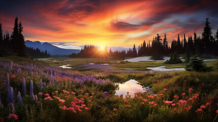Obraz premium Sunset over Mountain Meadow with Lupines and Indian Paintbrush