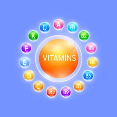 Vitamins complex. Surrounded by ball vitamin varicolored. Used for design dietary supplement products. Medical health care immunity protection concept. Vector.