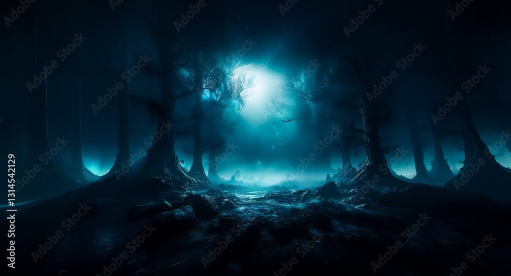 Poster eerie dark forest with blue glow. mysterious and spooky scene with light shining through trees, crea